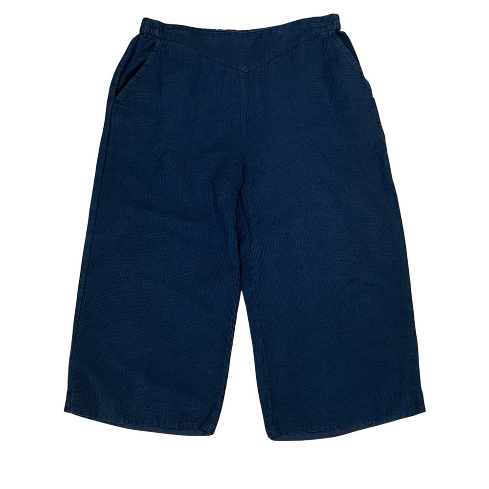 Gudrun Sjoden Wide Leg Capri Pants Size L Navy Linen Blend Waffle Knit Lagenlook